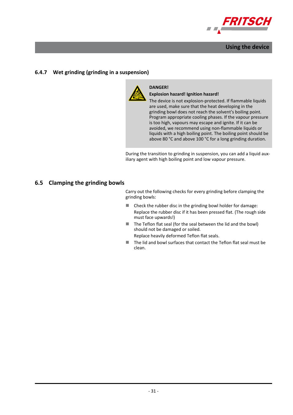 7 wet grinding (grinding in a suspension), 5 clamping the grinding bowls, Using the device | FRITSCH PULVERISETTE 4 classic line User Manual | Page 31 / 60