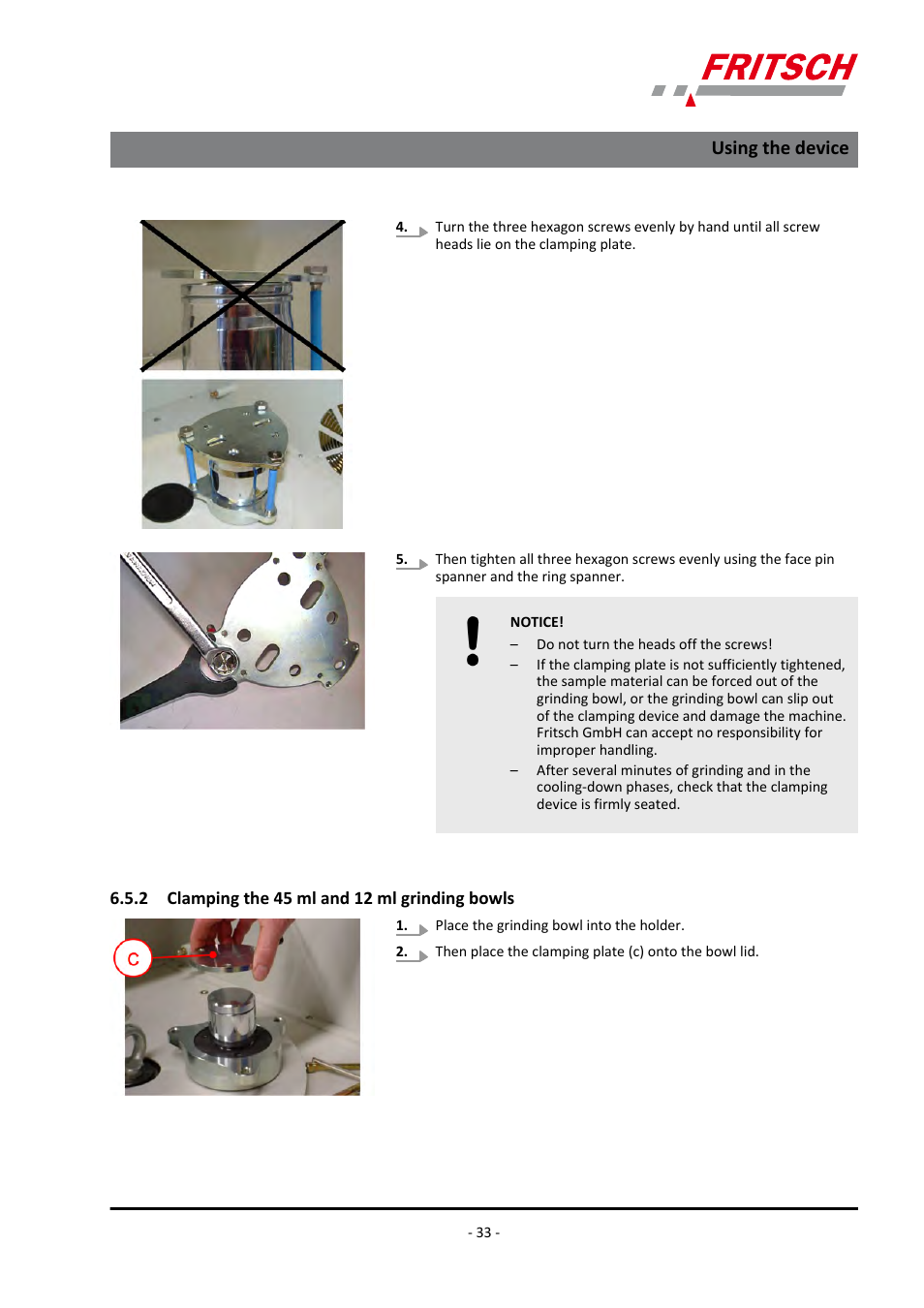 2 clamping the 45 ml and 12 ml grinding bowls, Using the device | FRITSCH PULVERISETTE 4 classic line User Manual | Page 33 / 60