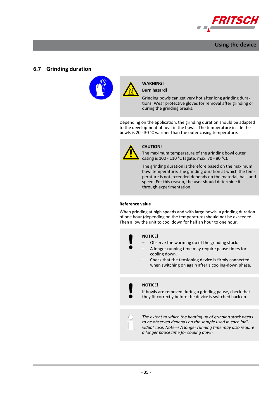 7 grinding duration, Using the device | FRITSCH PULVERISETTE 4 classic line User Manual | Page 35 / 60