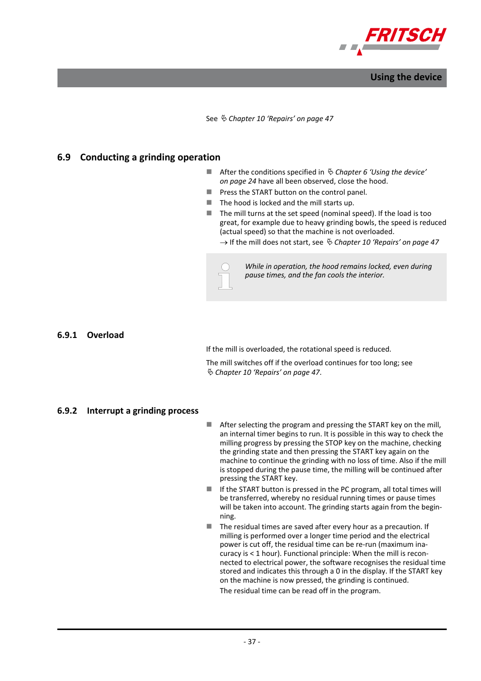 9 conducting a grinding operation, 1 overload, 2 interrupt a grinding process | Using the device | FRITSCH PULVERISETTE 4 classic line User Manual | Page 37 / 60