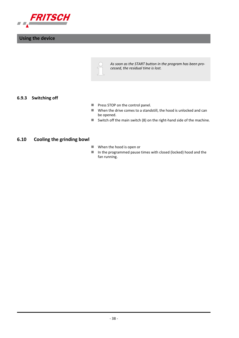 3 switching off, 10 cooling the grinding bowl, 3 switching off 6.10 cooling the grinding bowl | Using the device | FRITSCH PULVERISETTE 4 classic line User Manual | Page 38 / 60