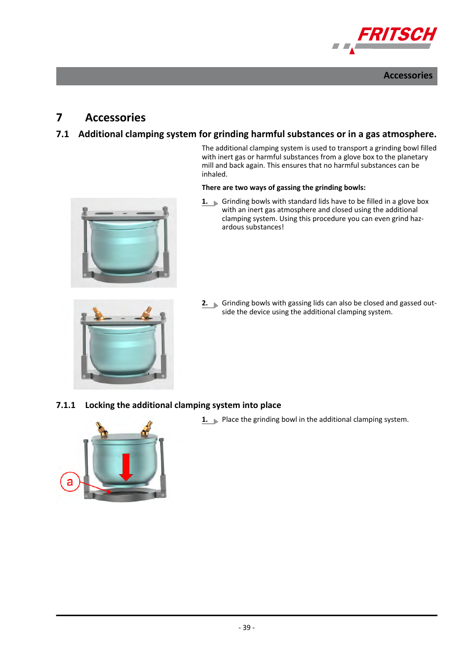 7 accessories, Stances or in a gas atmosphere, 7accessories | FRITSCH PULVERISETTE 4 classic line User Manual | Page 39 / 60