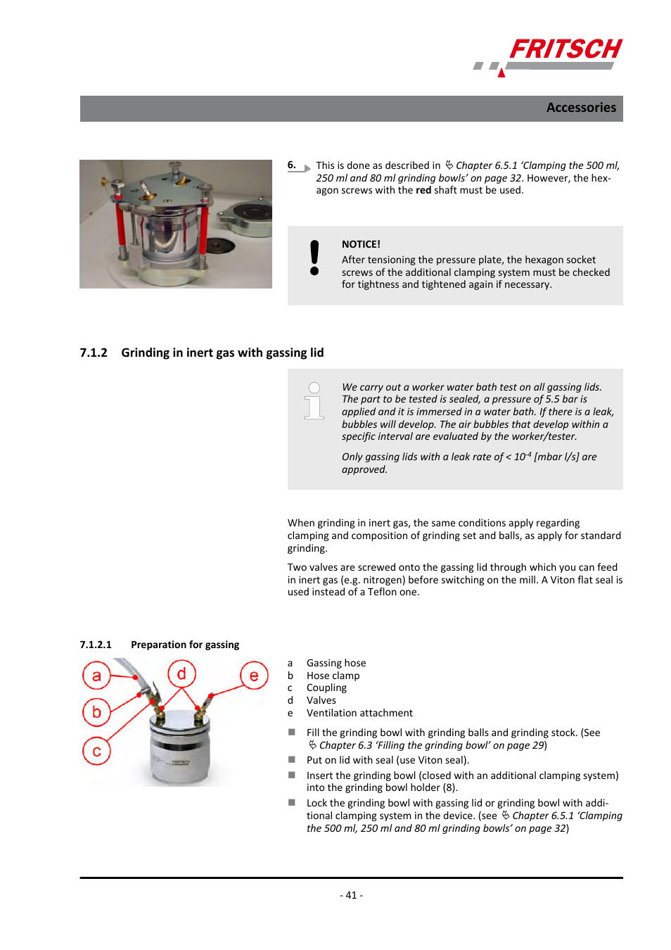 2 grinding in inert gas with gassing lid, 1 preparation for gassing, Accessories | FRITSCH PULVERISETTE 4 classic line User Manual | Page 41 / 60