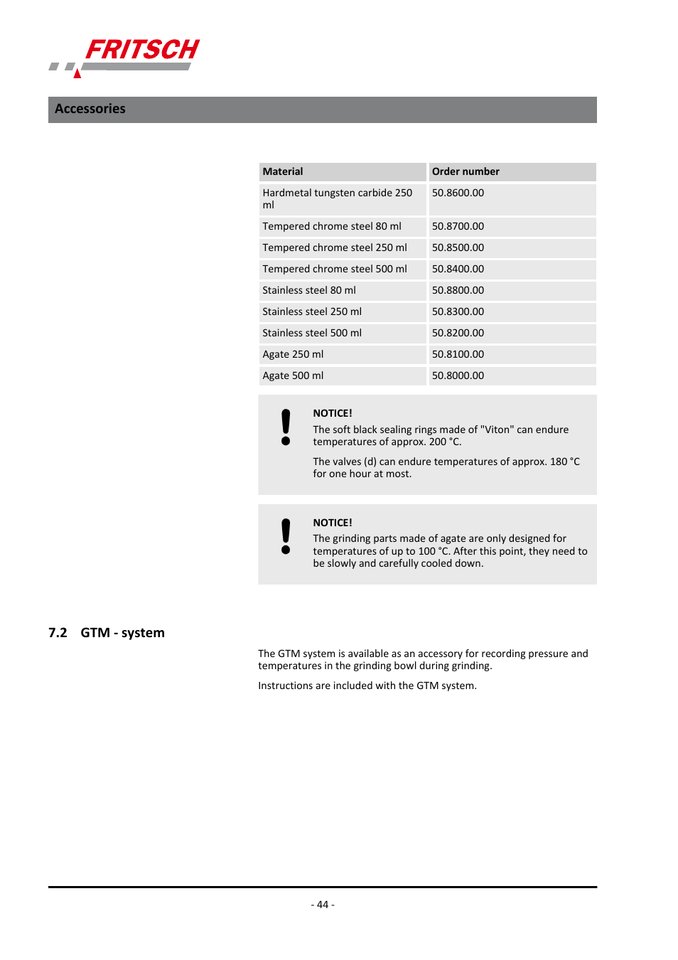 2 gtm - system, Accessories | FRITSCH PULVERISETTE 4 classic line User Manual | Page 44 / 60