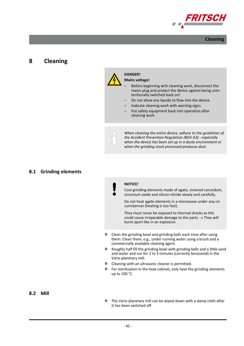 8 cleaning, 1 grinding elements, 2 mill | Cleaning 8.1 grinding elements 8.2 mill, 8cleaning | FRITSCH PULVERISETTE 4 classic line User Manual | Page 45 / 60