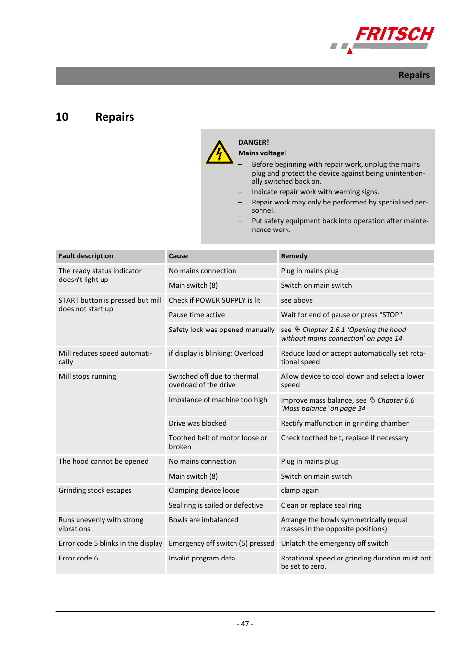 10 repairs, Repairs | FRITSCH PULVERISETTE 4 classic line User Manual | Page 47 / 60