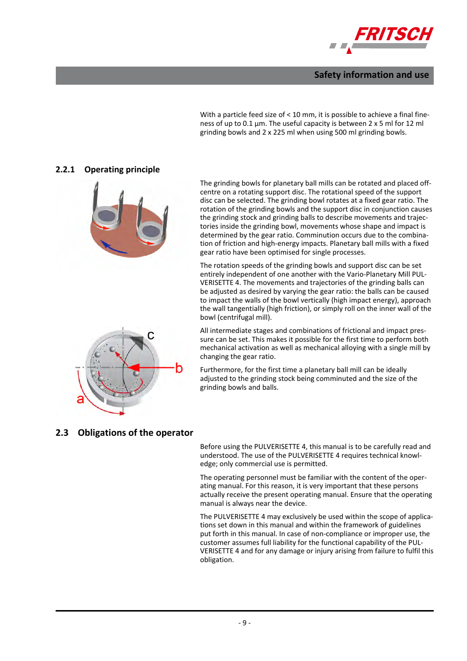 1 operating principle, 3 obligations of the operator, Safety information and use | FRITSCH PULVERISETTE 4 classic line User Manual | Page 9 / 60