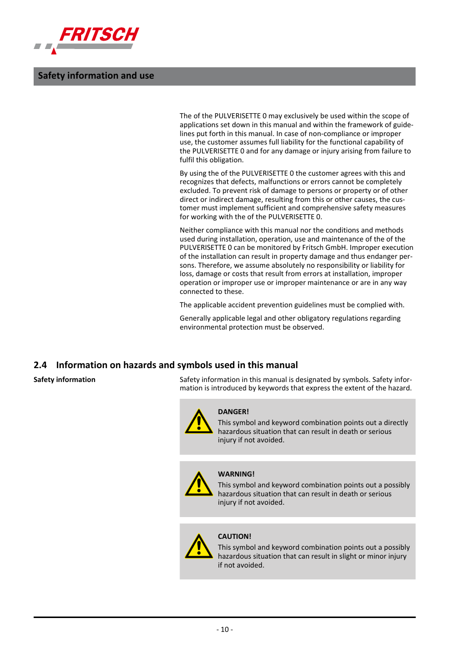 Safety information and use | FRITSCH PULVERISETTE 0 User Manual | Page 10 / 52