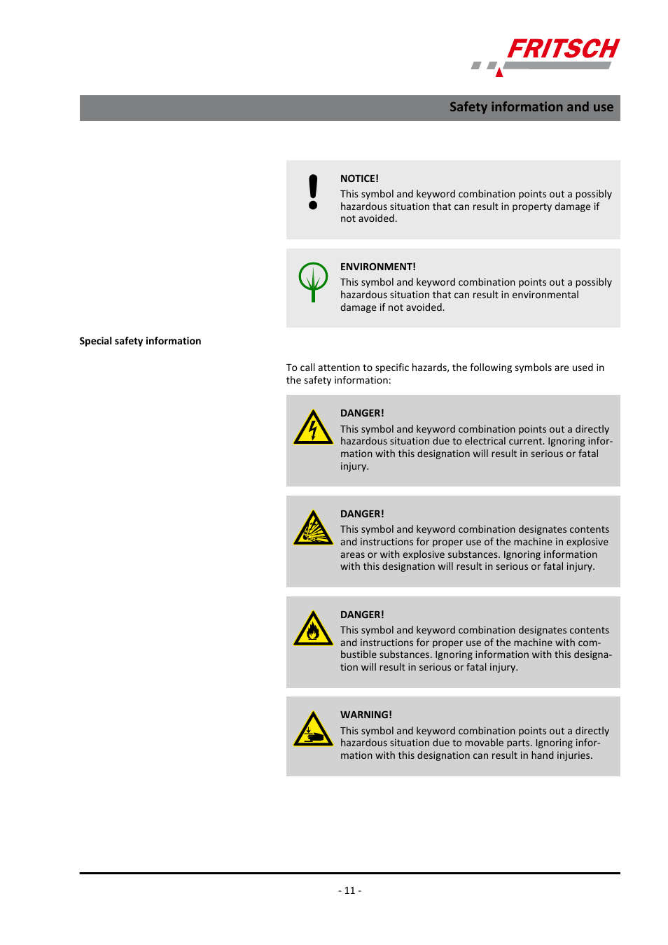 Safety information and use | FRITSCH PULVERISETTE 0 User Manual | Page 11 / 52
