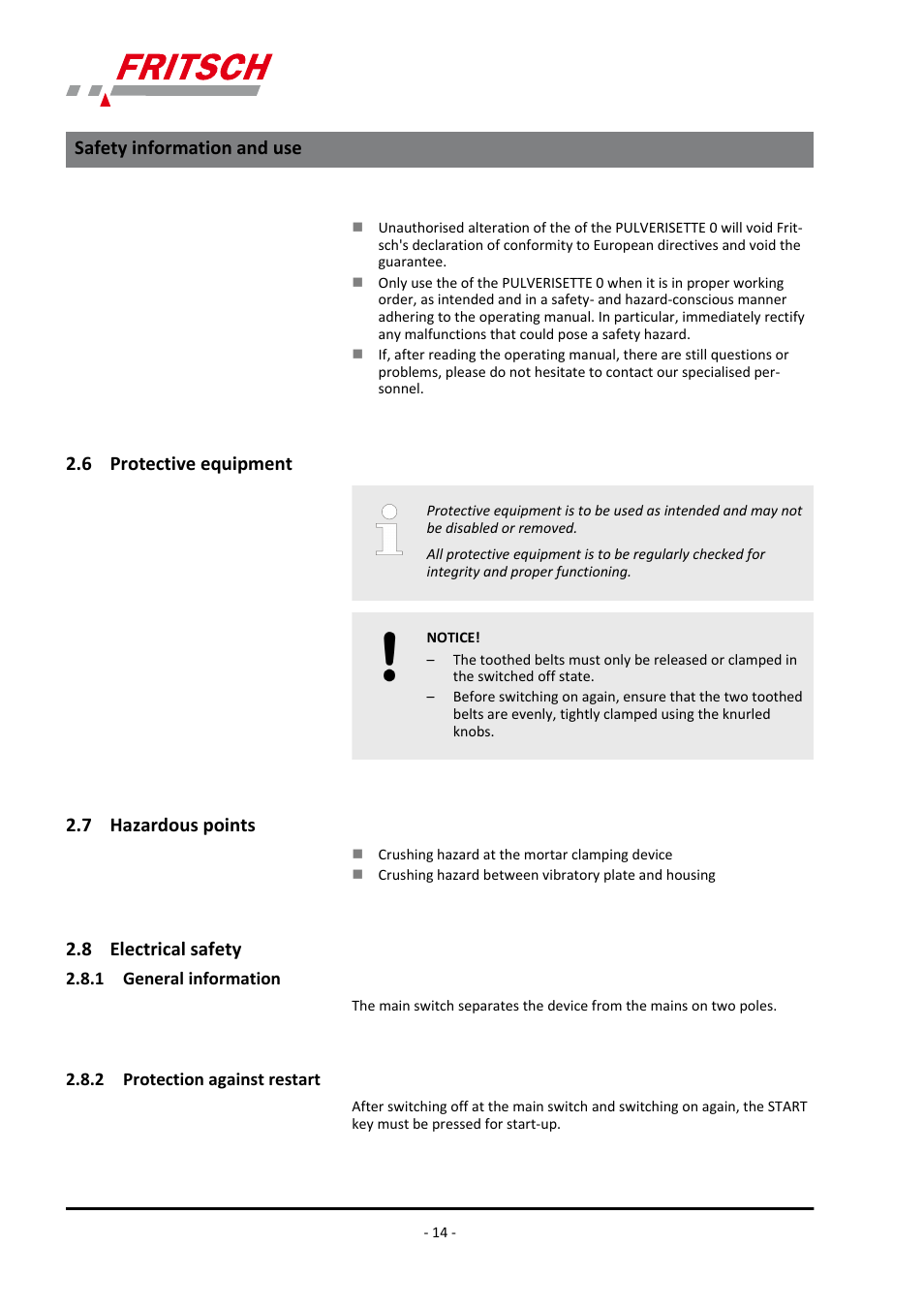 6 protective equipment, 7 hazardous points, 8 electrical safety | 1 general information, 2 protection against restart, Safety information and use | FRITSCH PULVERISETTE 0 User Manual | Page 14 / 52