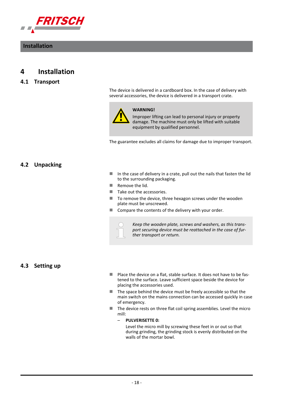 4 installation, 1 transport, 2 unpacking | 3 setting up, 4installation | FRITSCH PULVERISETTE 0 User Manual | Page 18 / 52