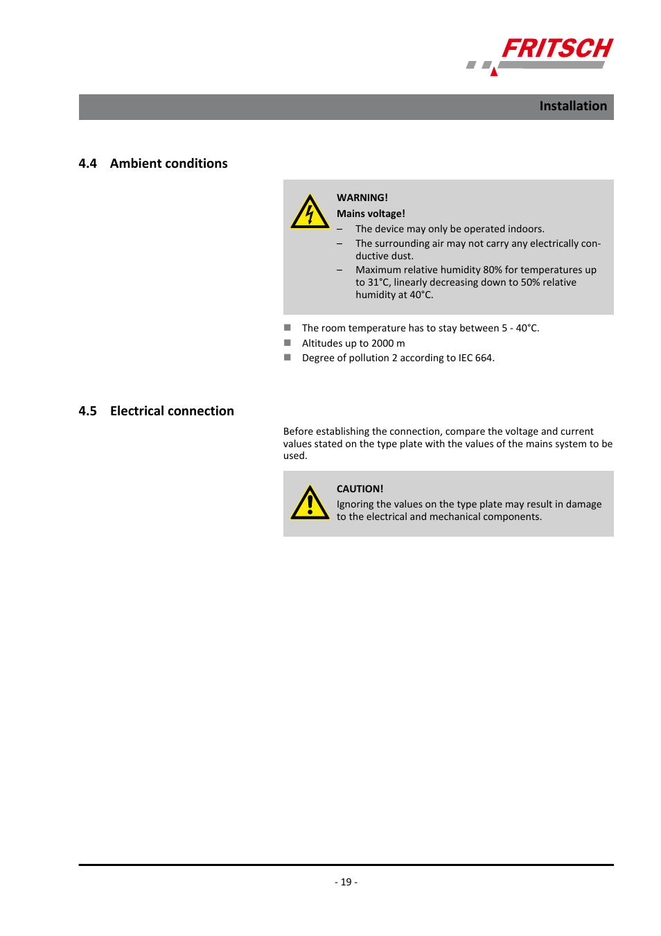 4 ambient conditions, 5 electrical connection, 4 ambient conditions 4.5 electrical connection | Installation | FRITSCH PULVERISETTE 0 User Manual | Page 19 / 52