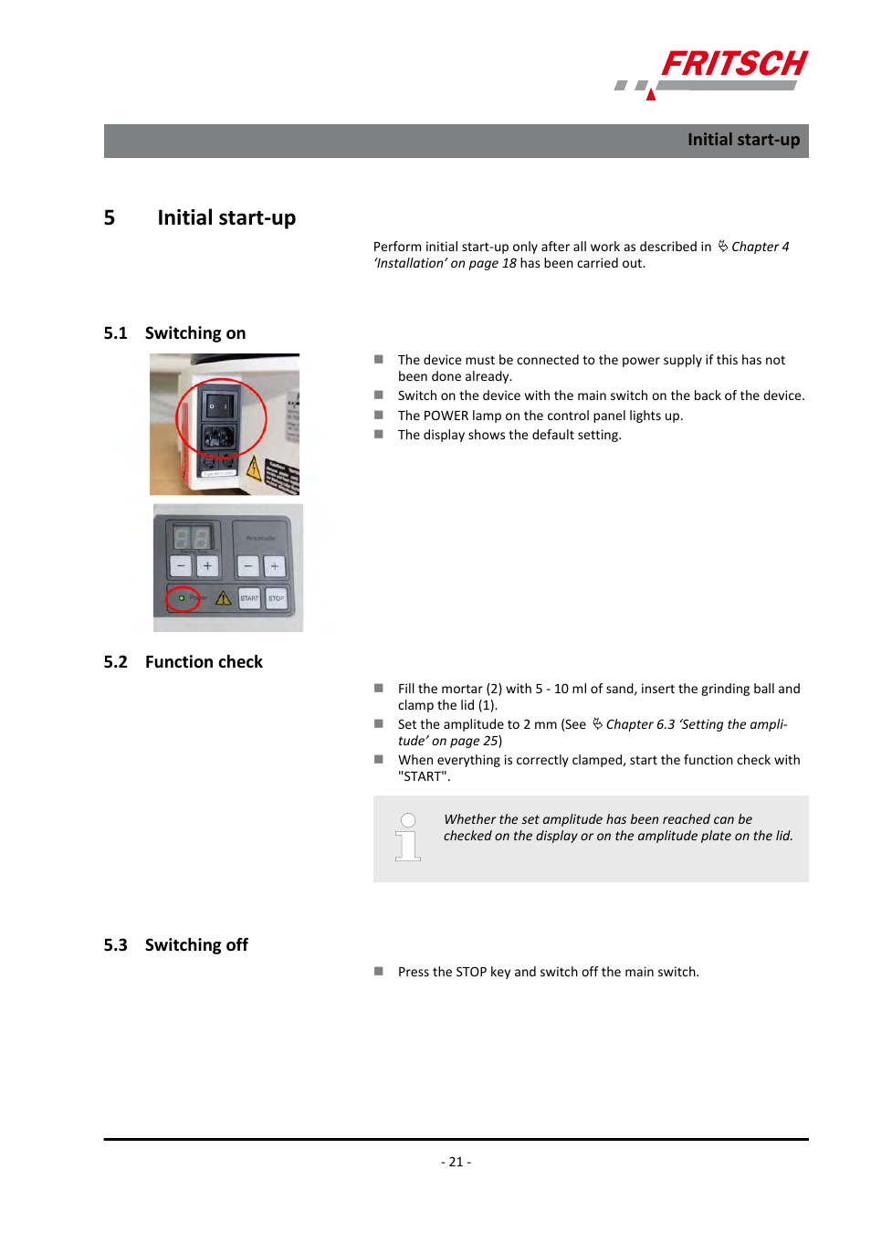 5 initial start-up, 1 switching on, 2 function check | 3 switching off, 5initial start-up | FRITSCH PULVERISETTE 0 User Manual | Page 21 / 52