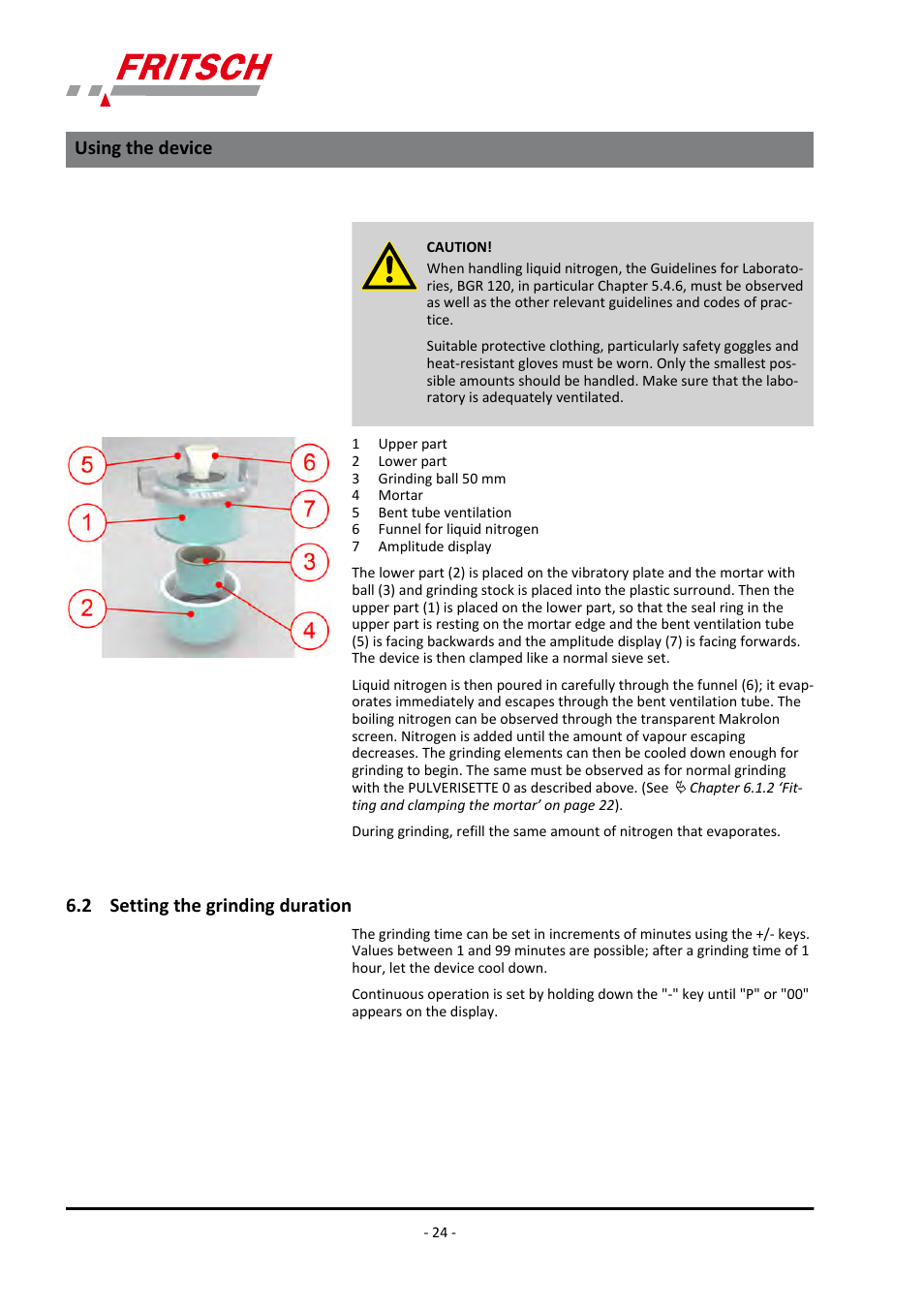 2 setting the grinding duration, Using the device | FRITSCH PULVERISETTE 0 User Manual | Page 24 / 52