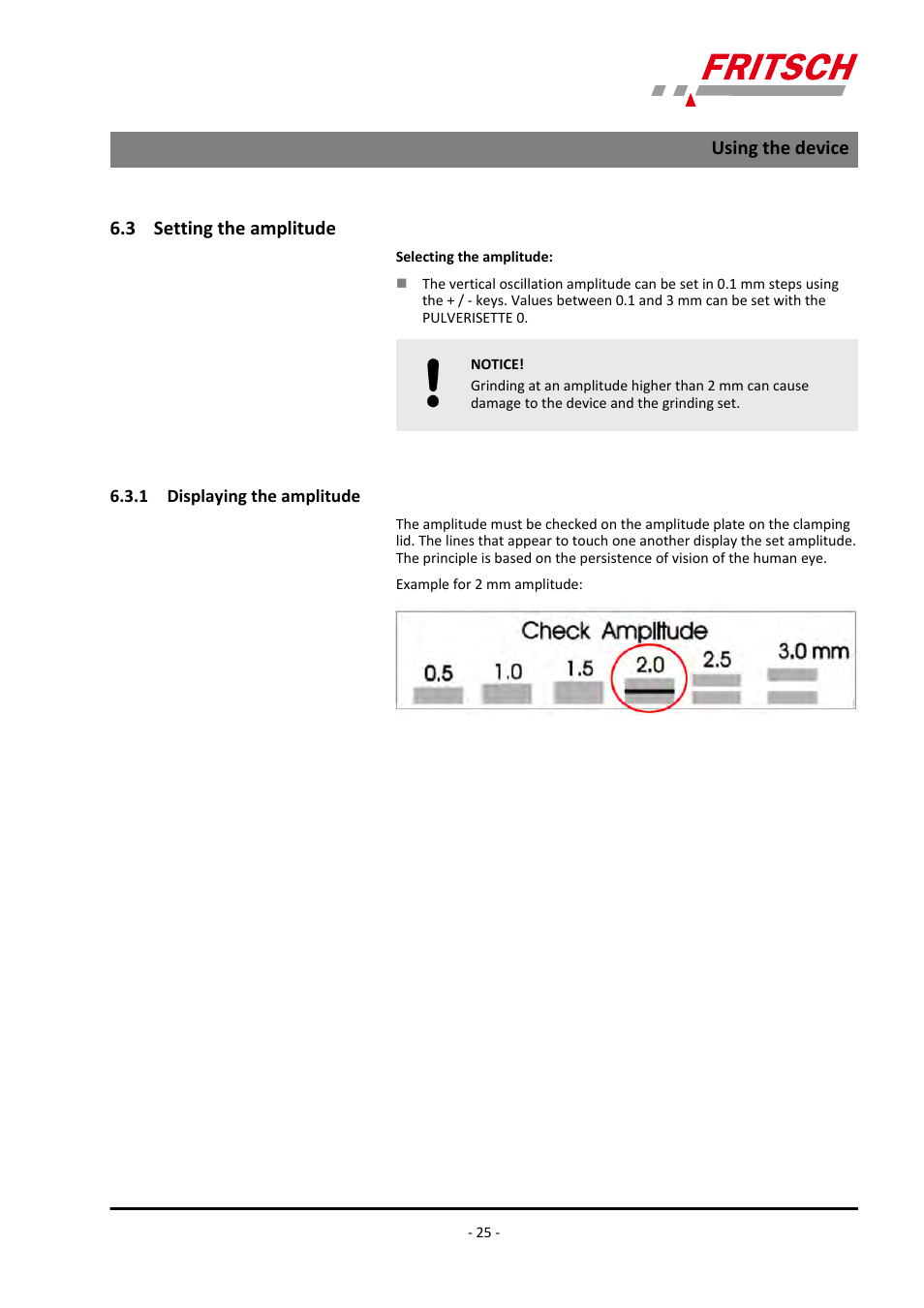 3 setting the amplitude, 1 displaying the amplitude, Using the device | FRITSCH PULVERISETTE 0 User Manual | Page 25 / 52