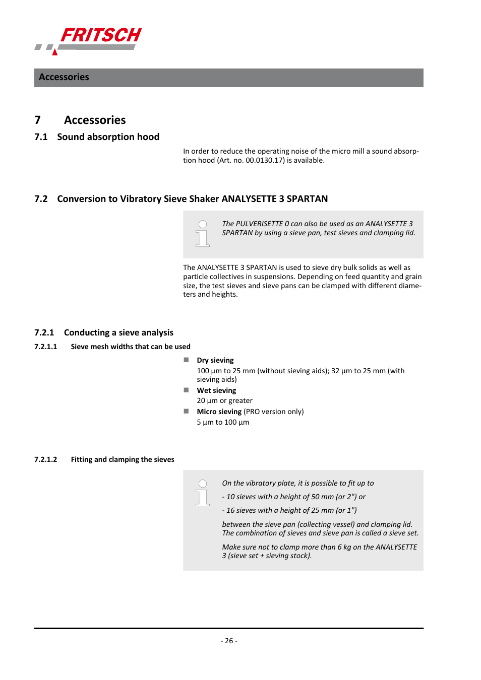 7 accessories, 1 sound absorption hood, 1 conducting a sieve analysis | 1 sieve mesh widths that can be used, 2 fitting and clamping the sieves, Spartan, 7accessories | FRITSCH PULVERISETTE 0 User Manual | Page 26 / 52