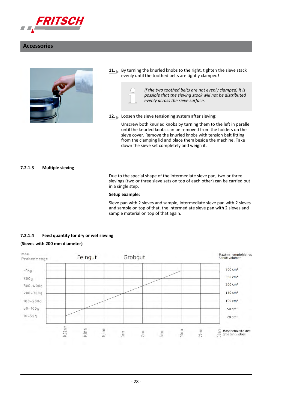 3 multiple sieving, 4 feed quantity for dry or wet sieving, Accessories | FRITSCH PULVERISETTE 0 User Manual | Page 28 / 52
