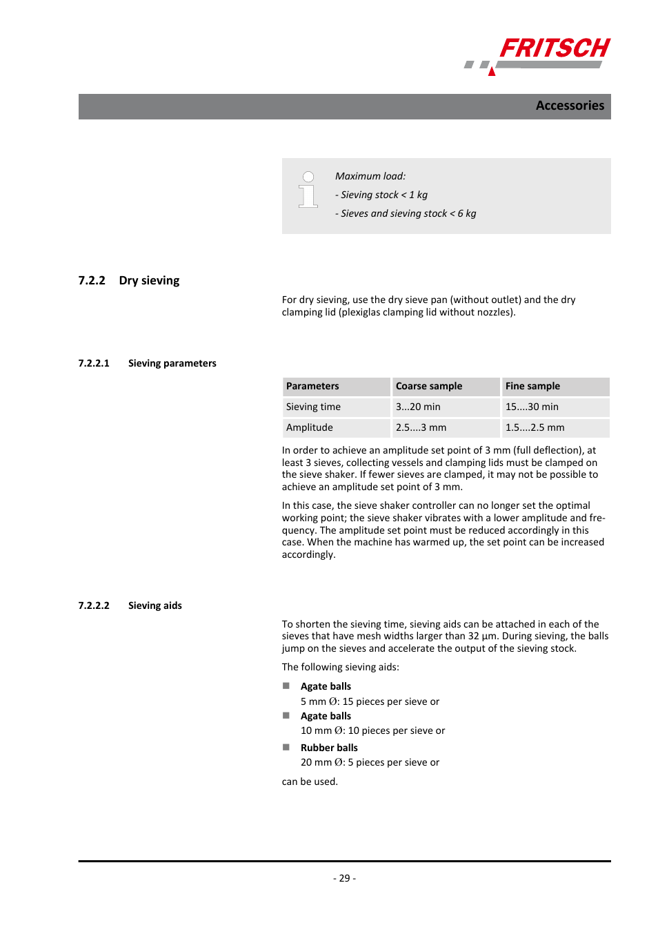 2 dry sieving, 1 sieving parameters, 2 sieving aids | Accessories | FRITSCH PULVERISETTE 0 User Manual | Page 29 / 52