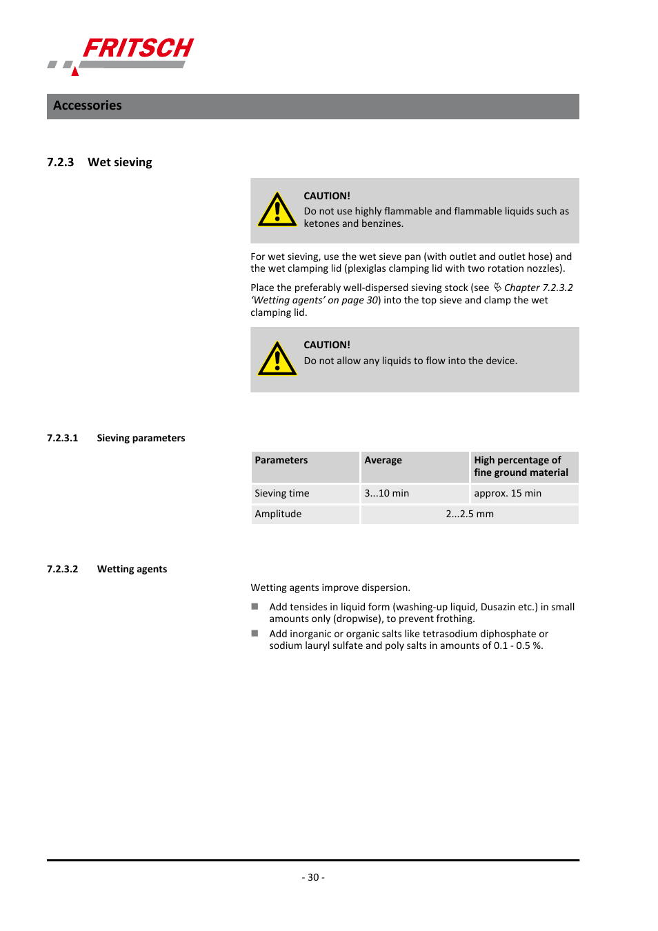 3 wet sieving, 1 sieving parameters, 2 wetting agents | Accessories | FRITSCH PULVERISETTE 0 User Manual | Page 30 / 52