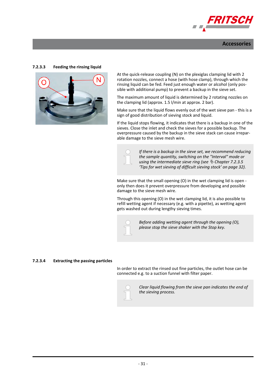 3 feeding the rinsing liquid, 4 extracting the passing particles, Accessories | FRITSCH PULVERISETTE 0 User Manual | Page 31 / 52
