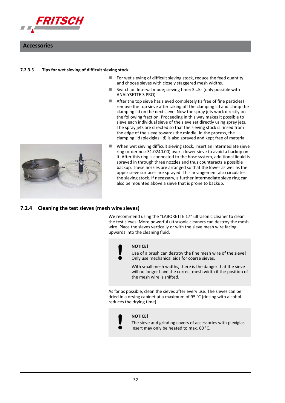 5 tips for wet sieving of difficult sieving stock, 4 cleaning the test sieves (mesh wire sieves), Accessories | FRITSCH PULVERISETTE 0 User Manual | Page 32 / 52