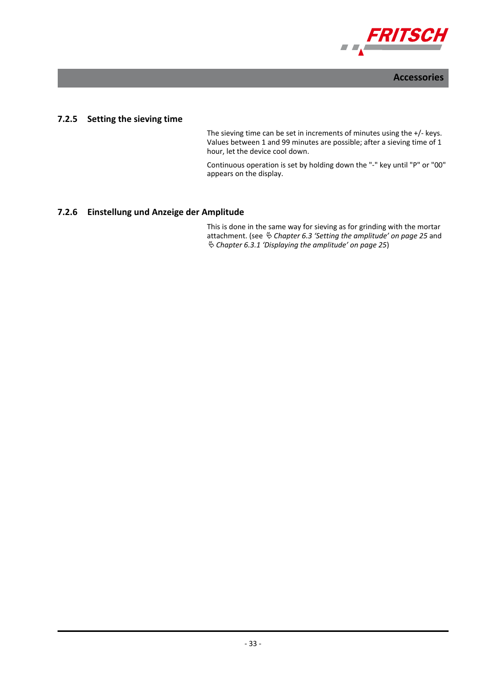 5 setting the sieving time, 6 einstellung und anzeige der amplitude, Accessories | FRITSCH PULVERISETTE 0 User Manual | Page 33 / 52