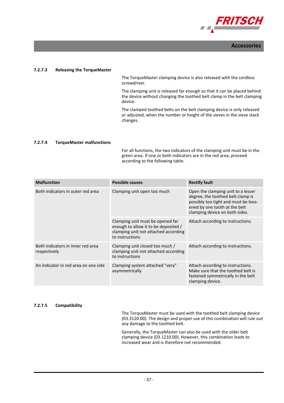 3 releasing the torquemaster, 4 torquemaster malfunctions, 5 compatibility | Accessories | FRITSCH PULVERISETTE 0 User Manual | Page 37 / 52