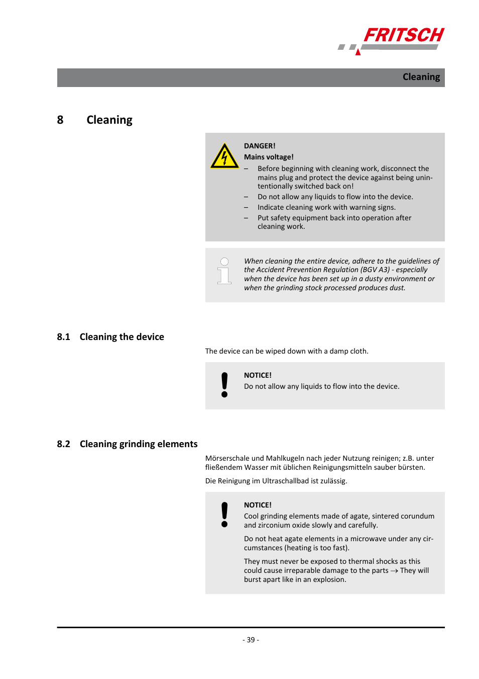 8 cleaning, 1 cleaning the device, 2 cleaning grinding elements | 8cleaning | FRITSCH PULVERISETTE 0 User Manual | Page 39 / 52