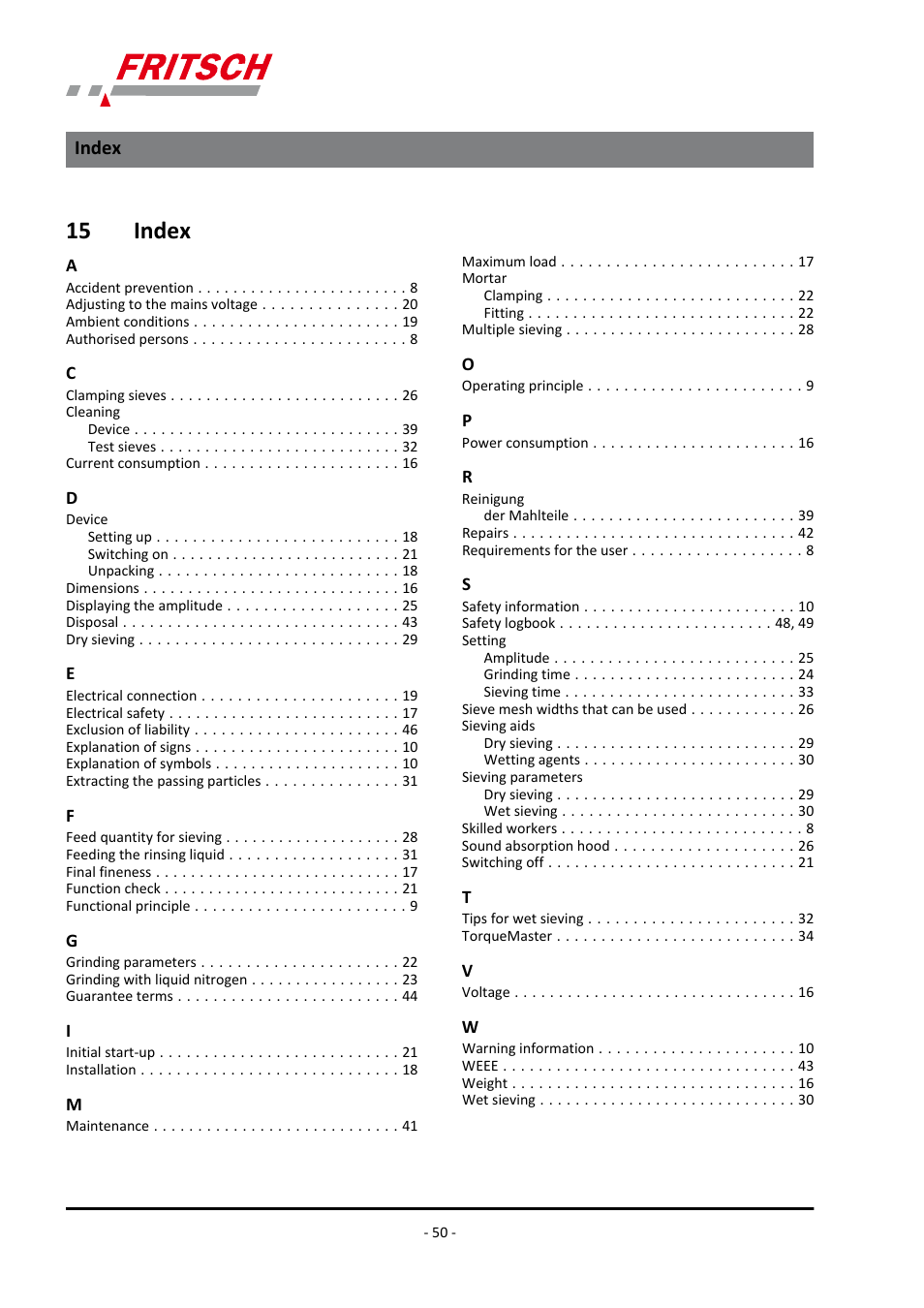 15 index, Index | FRITSCH PULVERISETTE 0 User Manual | Page 50 / 52