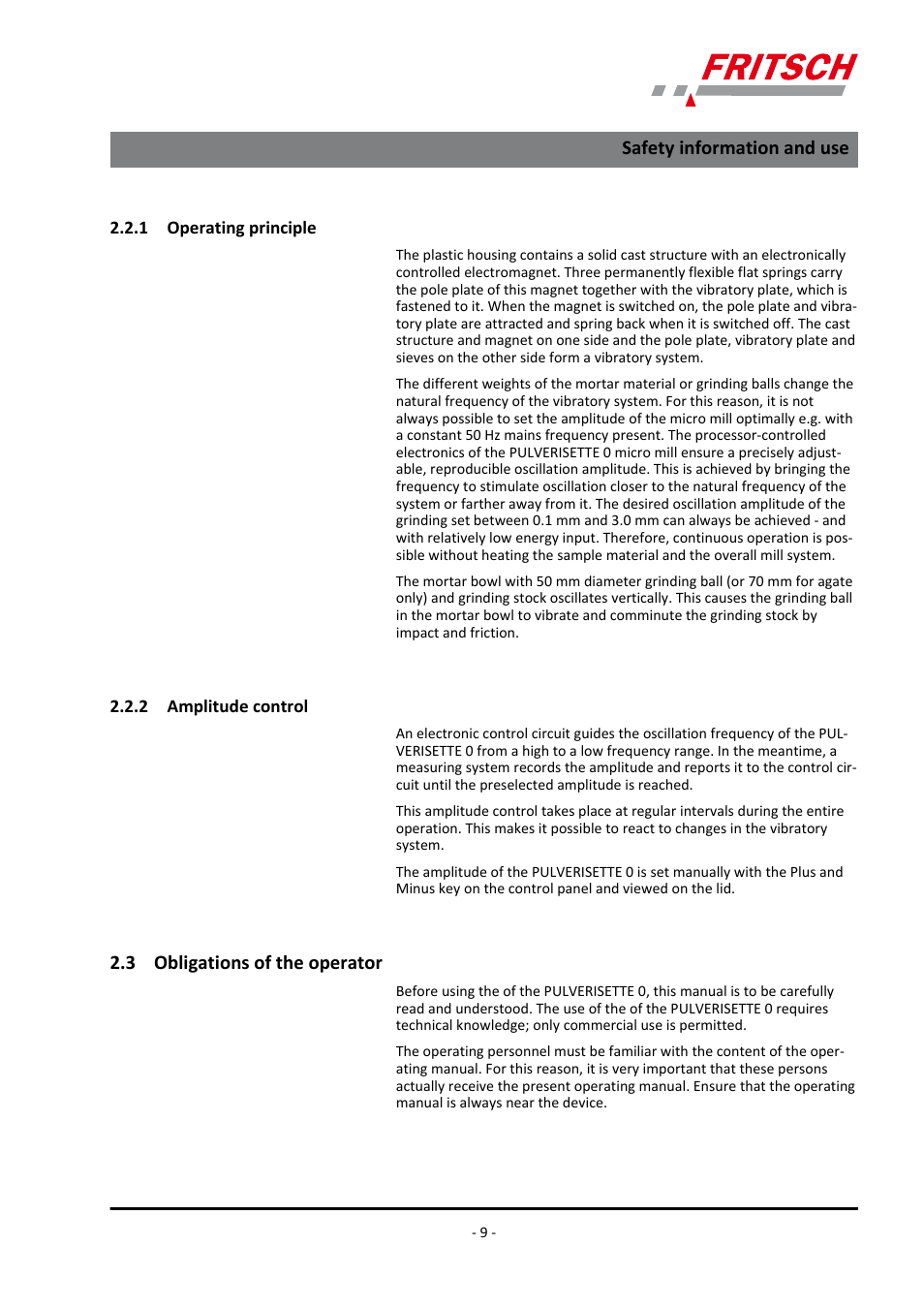 1 operating principle, 2 amplitude control, 3 obligations of the operator | Safety information and use | FRITSCH PULVERISETTE 0 User Manual | Page 9 / 52