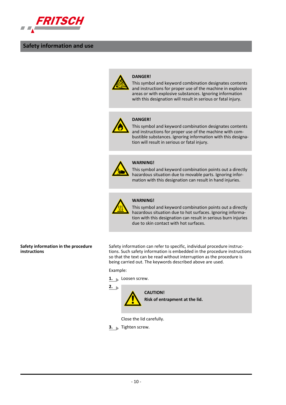 Safety information and use | FRITSCH PULVERISETTE 23 User Manual | Page 10 / 40