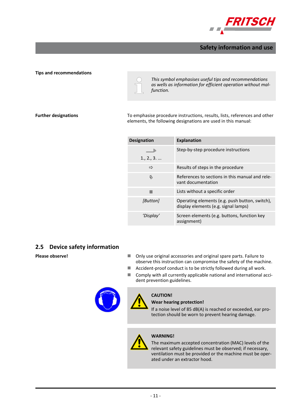 5 device safety information, Safety information and use | FRITSCH PULVERISETTE 23 User Manual | Page 11 / 40