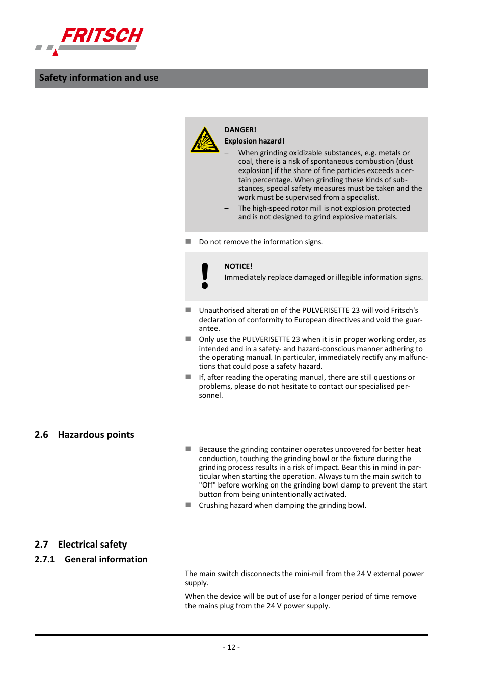 6 hazardous points, 7 electrical safety, 1 general information | Safety information and use | FRITSCH PULVERISETTE 23 User Manual | Page 12 / 40