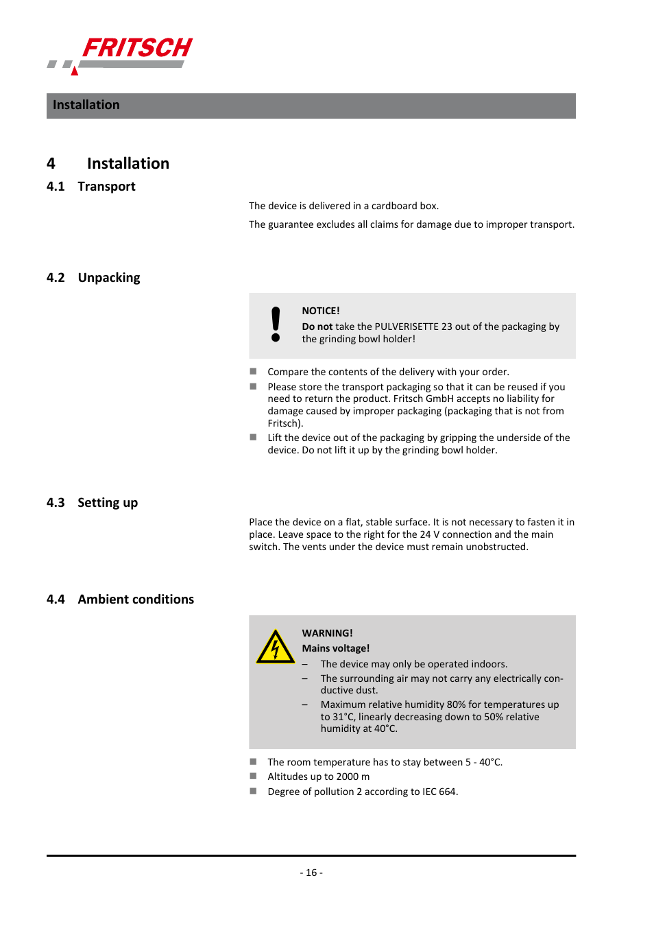 4 installation, 1 transport, 2 unpacking | 3 setting up, 4 ambient conditions, 4installation | FRITSCH PULVERISETTE 23 User Manual | Page 16 / 40