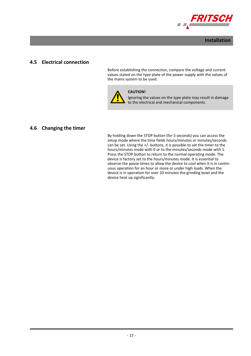 5 electrical connection, 6 changing the timer, 5 electrical connection 4.6 changing the timer | Installation | FRITSCH PULVERISETTE 23 User Manual | Page 17 / 40