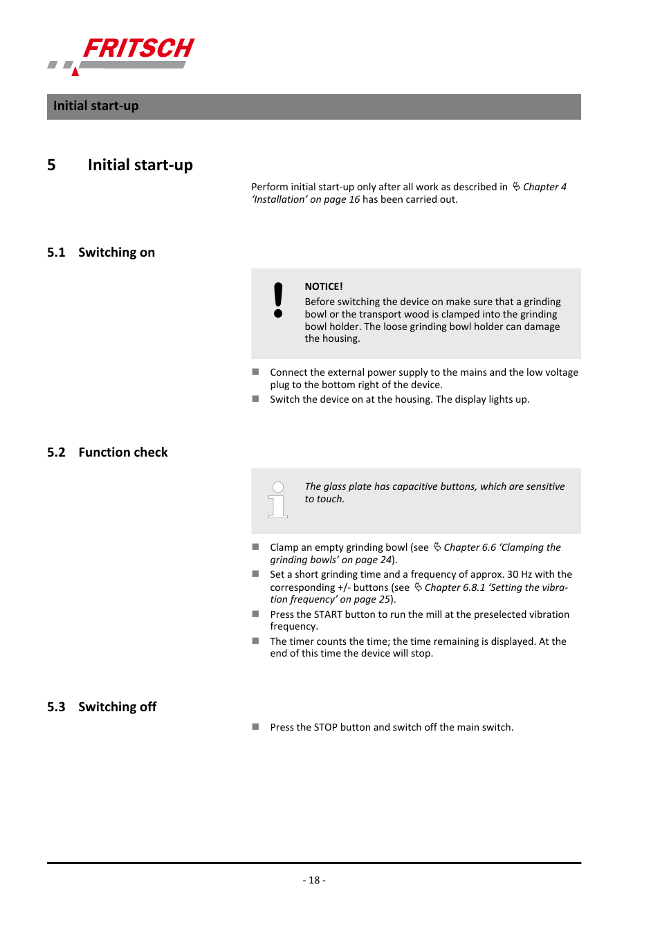 5 initial start-up, 1 switching on, 2 function check | 3 switching off, 5initial start-up | FRITSCH PULVERISETTE 23 User Manual | Page 18 / 40