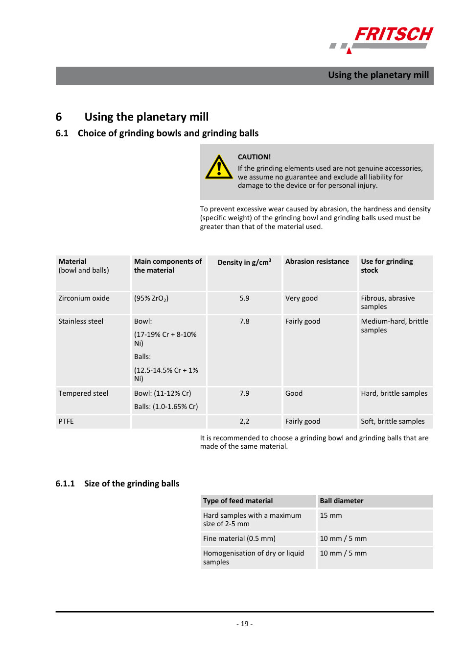 6 using the planetary mill, 1 choice of grinding bowls and grinding balls, 1 size of the grinding balls | 6using the planetary mill, Using the planetary mill | FRITSCH PULVERISETTE 23 User Manual | Page 19 / 40