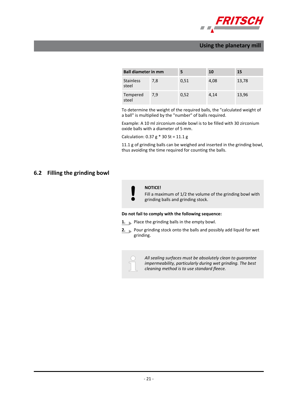 2 filling the grinding bowl, Using the planetary mill | FRITSCH PULVERISETTE 23 User Manual | Page 21 / 40