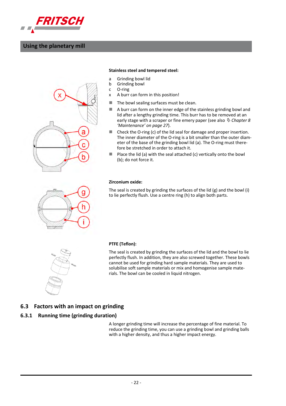 3 factors with an impact on grinding, 1 running time (grinding duration), Using the planetary mill | FRITSCH PULVERISETTE 23 User Manual | Page 22 / 40