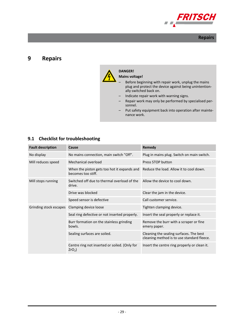 9 repairs, 1 checklist for troubleshooting, Repairs 9.1 checklist for troubleshooting | 9repairs, Repairs | FRITSCH PULVERISETTE 23 User Manual | Page 29 / 40
