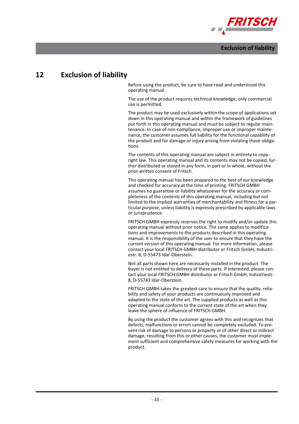 12 exclusion of liability, Exclusion of liability | FRITSCH PULVERISETTE 23 User Manual | Page 33 / 40