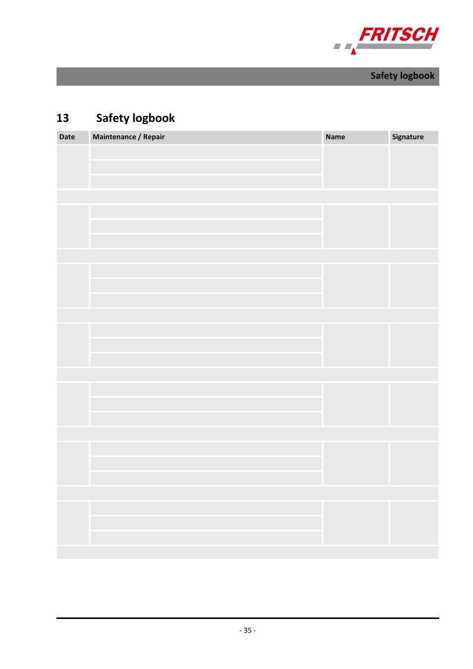 13 safety logbook, Safety logbook | FRITSCH PULVERISETTE 23 User Manual | Page 35 / 40