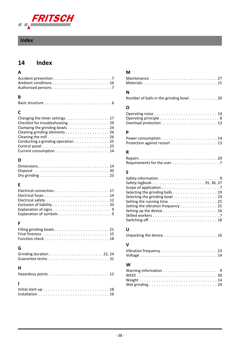 14 index, Index | FRITSCH PULVERISETTE 23 User Manual | Page 38 / 40