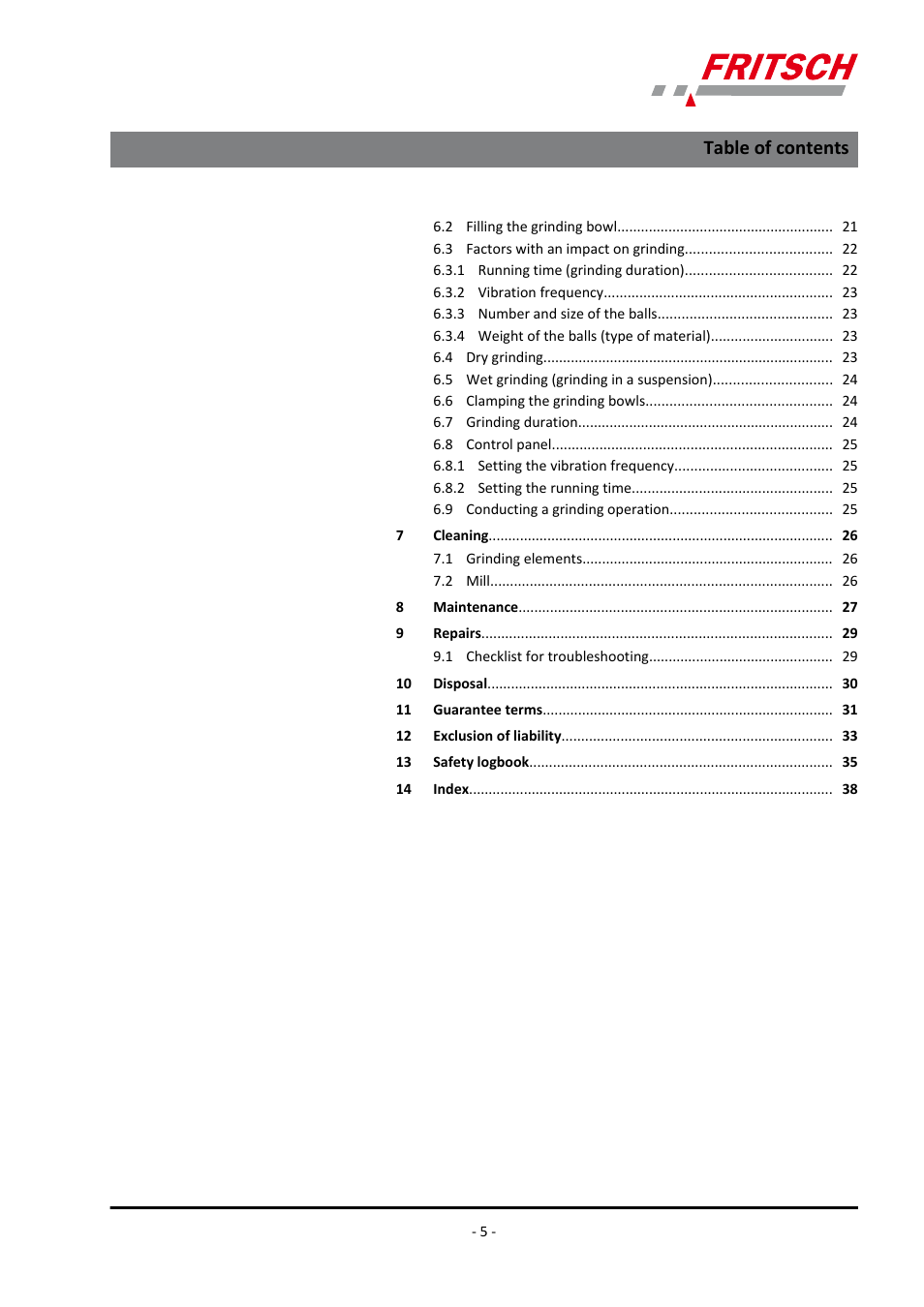 FRITSCH PULVERISETTE 23 User Manual | Page 5 / 40