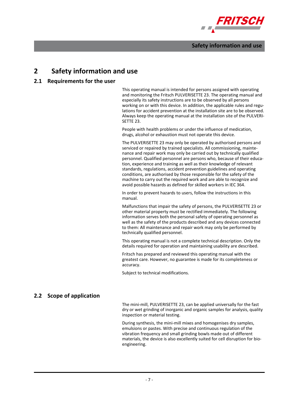 2 safety information and use, 1 requirements for the user, 2 scope of application | 2safety information and use | FRITSCH PULVERISETTE 23 User Manual | Page 7 / 40