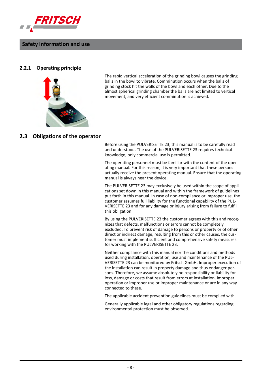 1 operating principle, 3 obligations of the operator, Safety information and use | FRITSCH PULVERISETTE 23 User Manual | Page 8 / 40