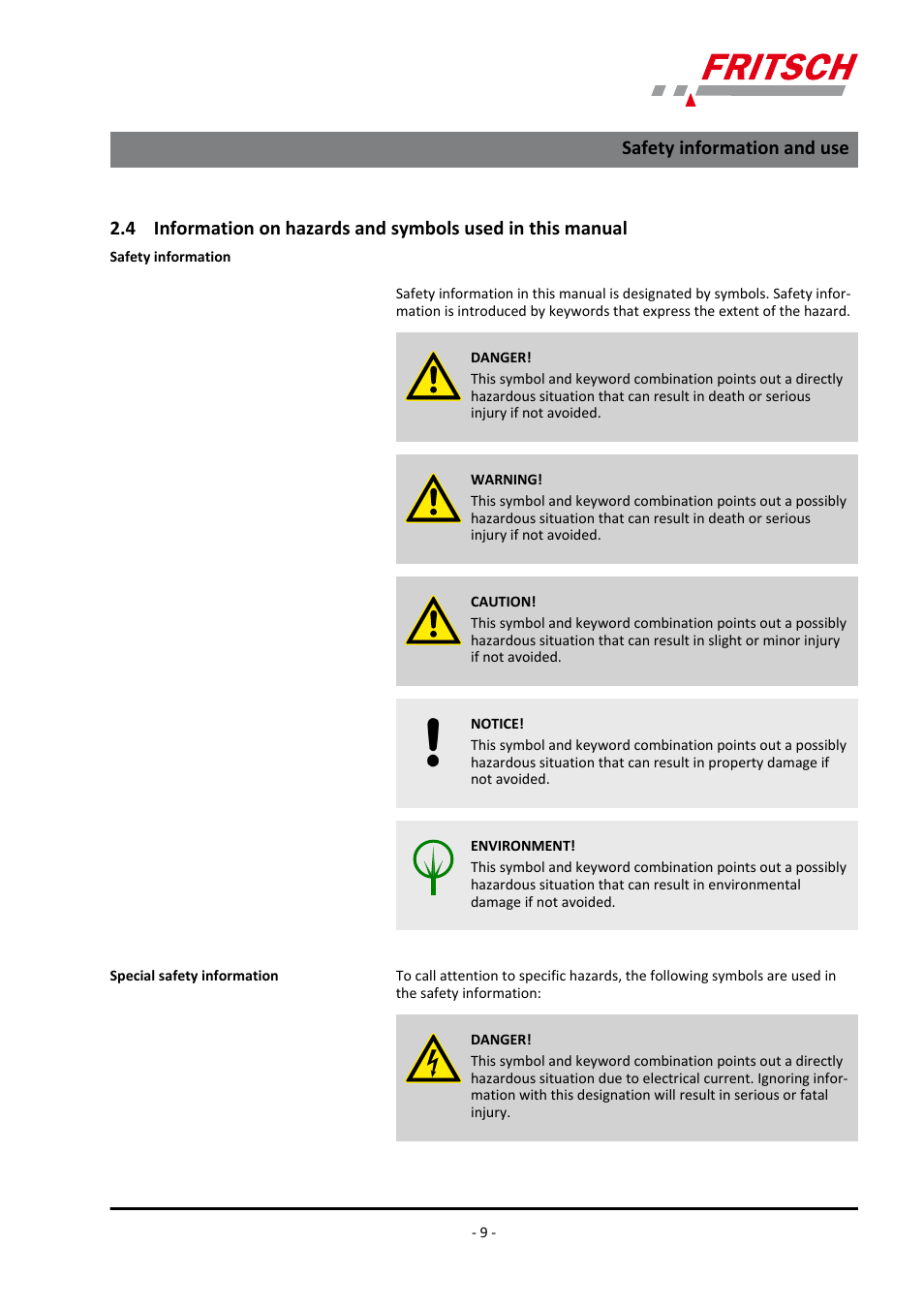 Safety information and use | FRITSCH PULVERISETTE 23 User Manual | Page 9 / 40