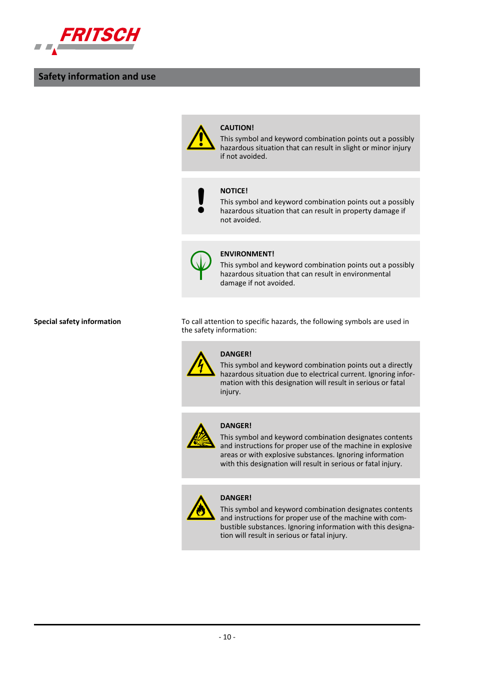 Safety information and use | FRITSCH PULVERISETTE 15 User Manual | Page 10 / 44