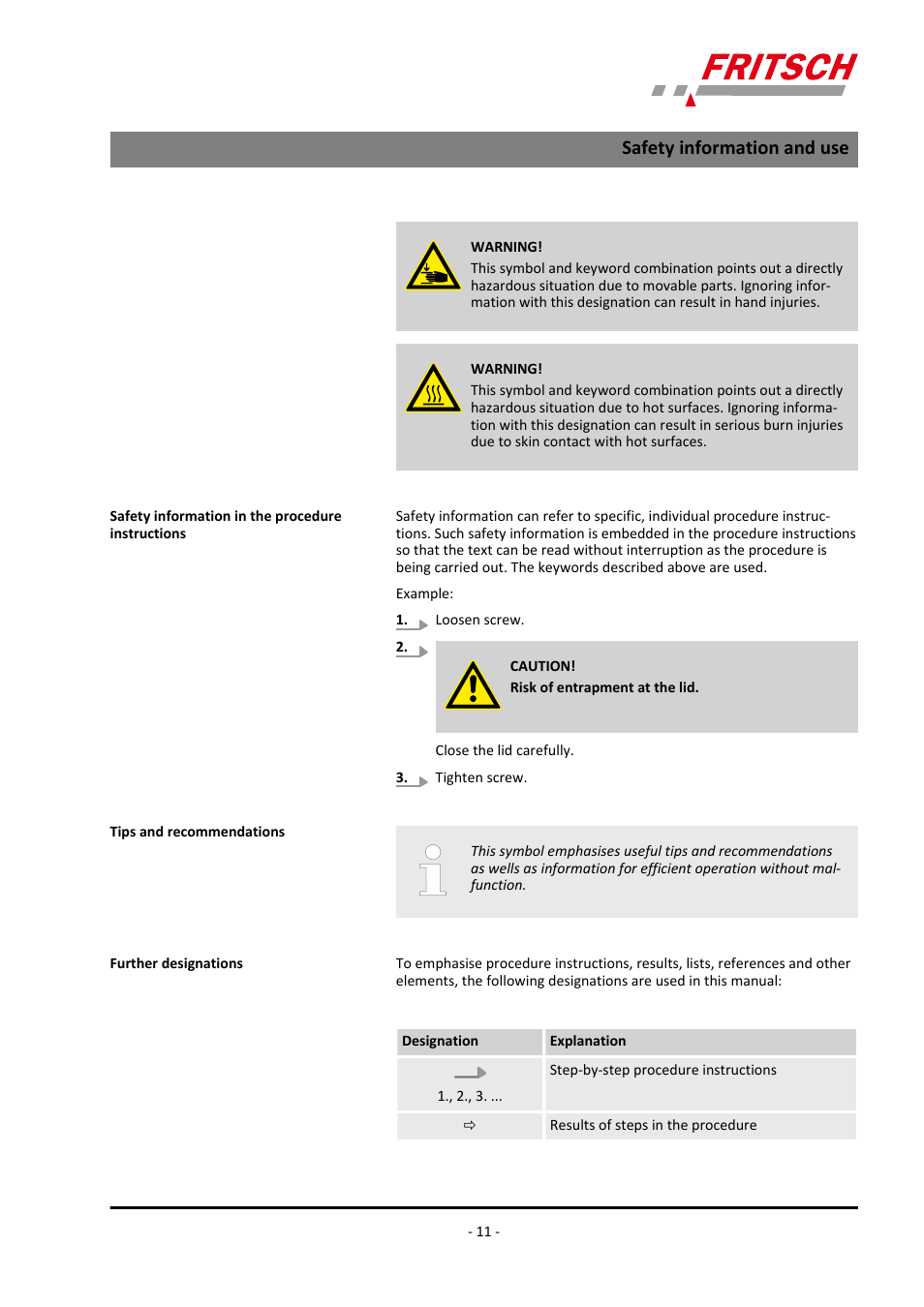 Safety information and use | FRITSCH PULVERISETTE 15 User Manual | Page 11 / 44