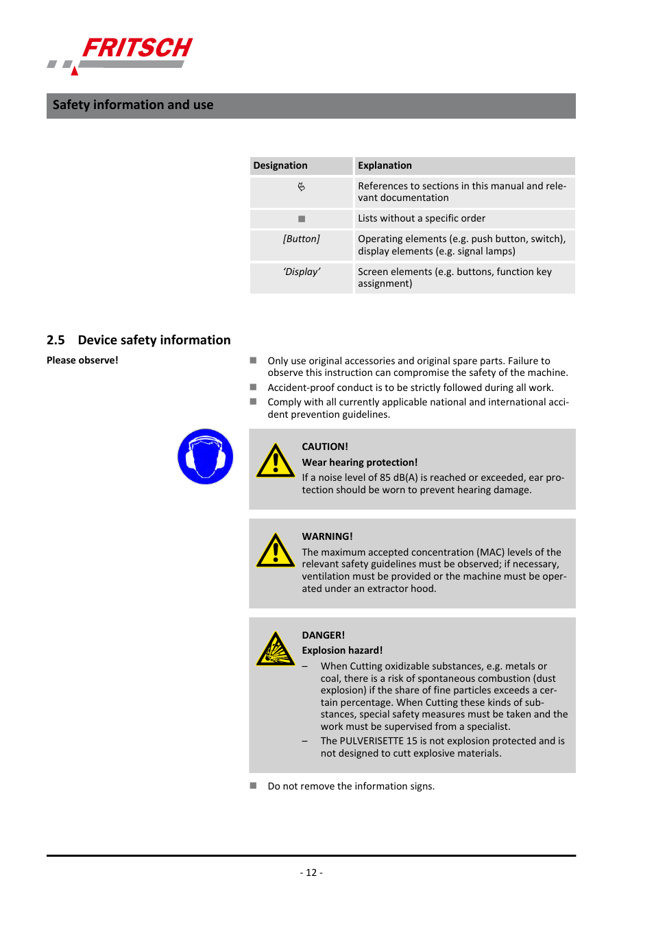 5 device safety information, Safety information and use | FRITSCH PULVERISETTE 15 User Manual | Page 12 / 44